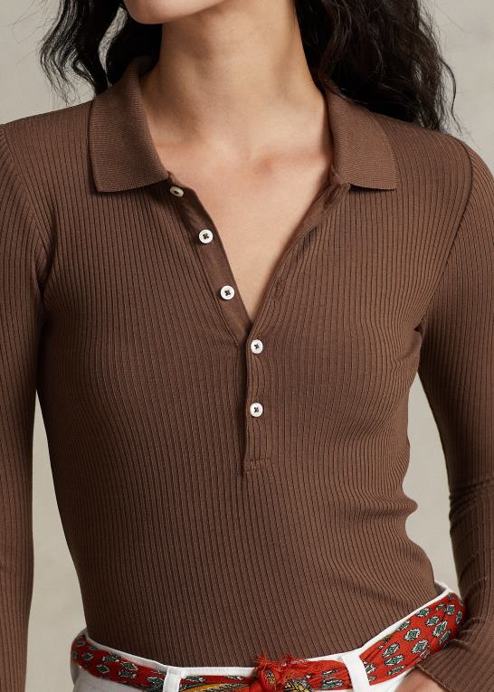 chokolade brun Kvinder Ralph Lauren rib langærmet poloshirt Z426B3095