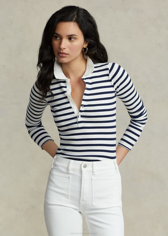 raffineret marineblå/hvid Kvinder Ralph Lauren stribet rib langærmet poloshirt Z426B3074