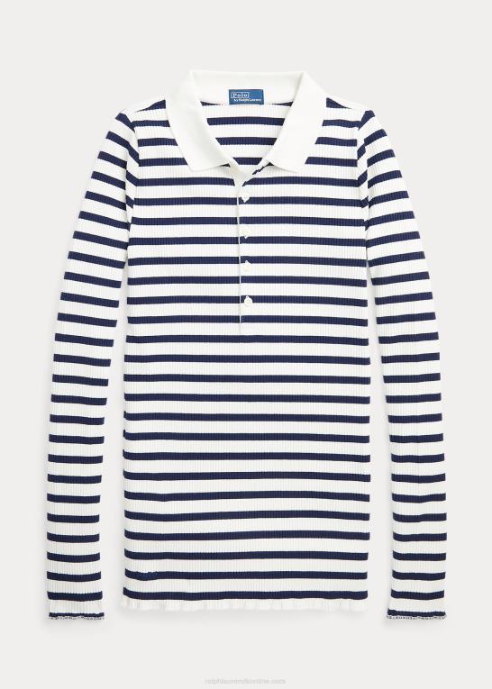 raffineret marineblå/hvid Kvinder Ralph Lauren stribet rib langærmet poloshirt Z426B3074
