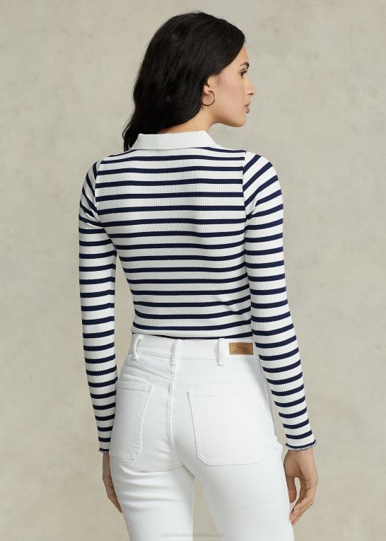 raffineret marineblå/hvid Kvinder Ralph Lauren stribet rib langærmet poloshirt Z426B3074