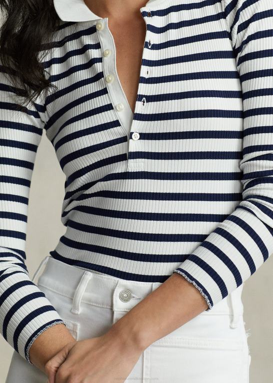 raffineret marineblå/hvid Kvinder Ralph Lauren stribet rib langærmet poloshirt Z426B3074
