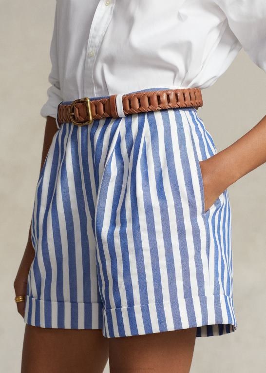 blå/hvid markisestribe Kvinder Ralph Lauren stribet plisseret hør-bomuld dobby short Z426B3058