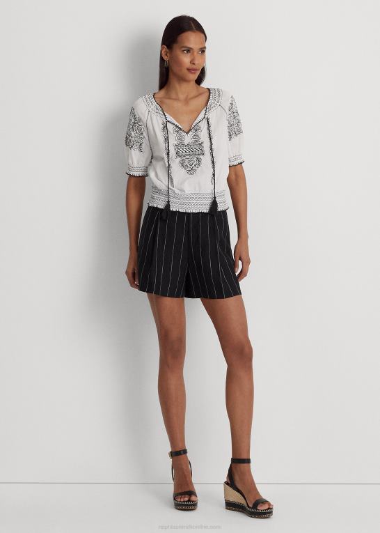 sort/creme Kvinder Ralph Lauren nålestribet plisseret hør kort Z426B4362