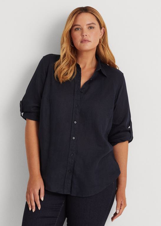 Kvinder Ralph Lauren linned rulle skjorte med tabsærmer Z426B4643