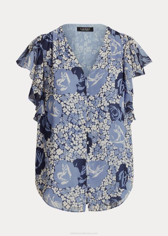 blå/creme/marineblå Kvinder Ralph Lauren blomstret crinkle georgette skjorte Z426B3973