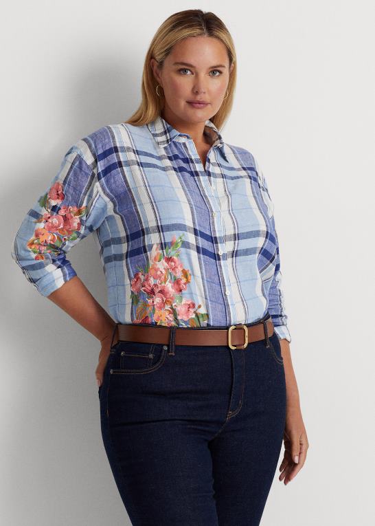 blå/hvid Kvinder Ralph Lauren blomstret & plaid linned skjorte Z426B4610