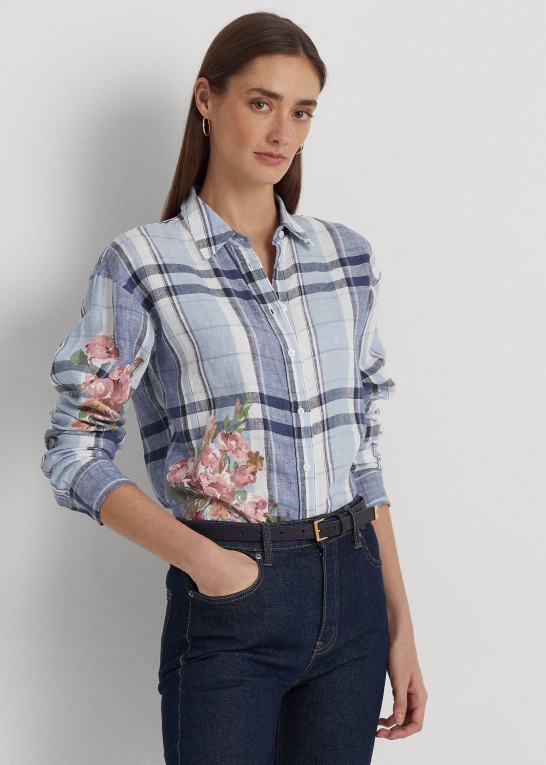 blå/hvid Kvinder Ralph Lauren blomstret & plaid linned skjorte Z426B4836