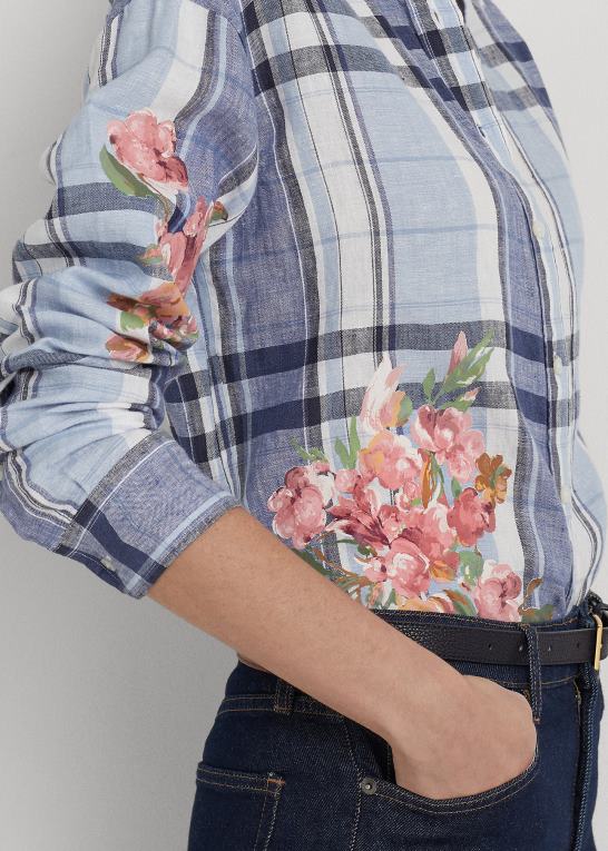 blå/hvid Kvinder Ralph Lauren blomstret & plaid linned skjorte Z426B4836