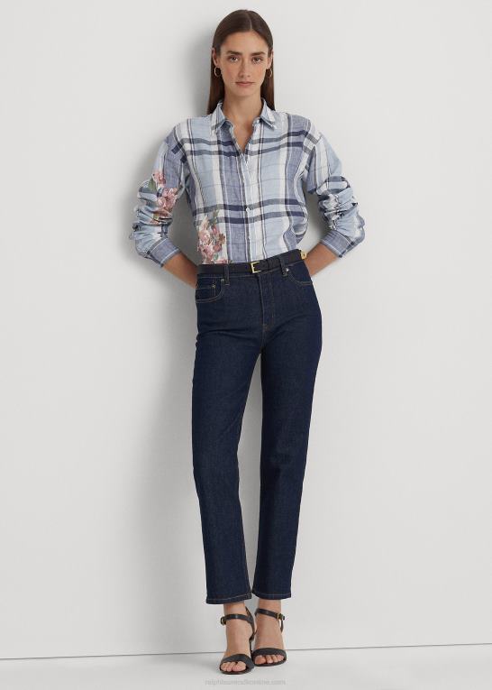 blå/hvid Kvinder Ralph Lauren blomstret & plaid linned skjorte Z426B9424