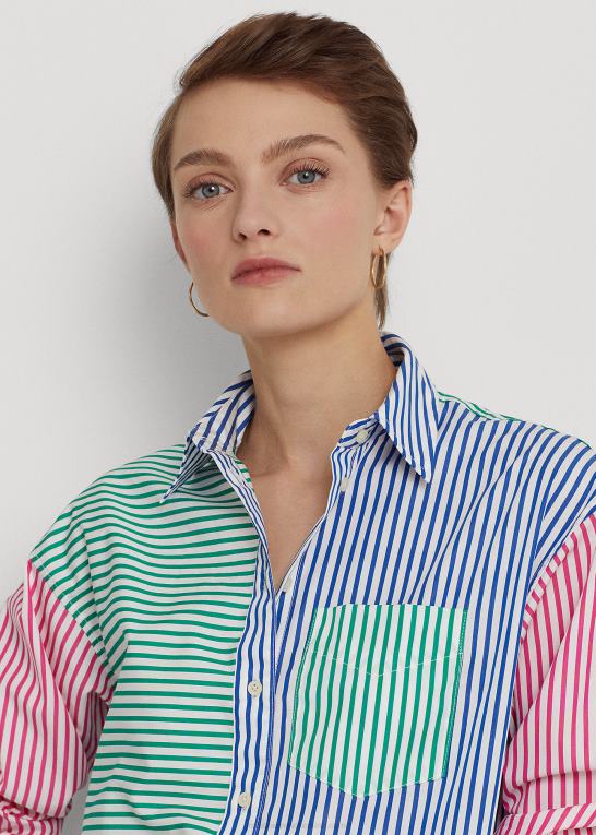 blå/hvid multi Kvinder Ralph Lauren stribet bred bomuldsskjorte Z426B3872