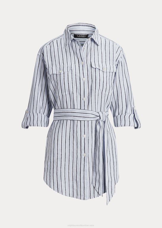 blå/hvid multi Kvinder Ralph Lauren stribet linned skjorte med bælte Z426B3986
