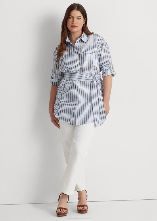 blå/hvid multi Kvinder Ralph Lauren stribet linned skjorte med bælte Z426B4611