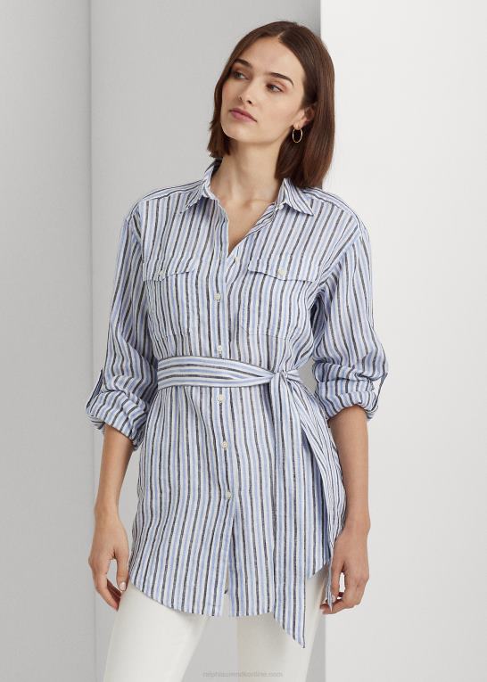 blå/hvid multi Kvinder Ralph Lauren stribet linned skjorte med bælte Z426B9478
