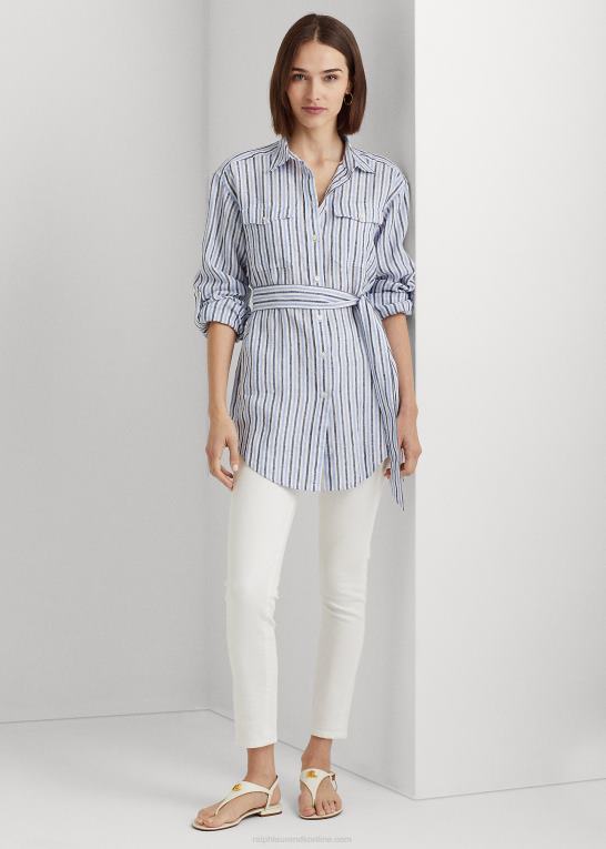 blå/hvid multi Kvinder Ralph Lauren stribet linned skjorte med bælte Z426B9478