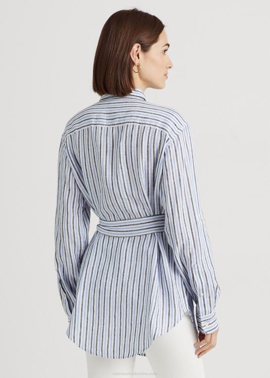 blå/hvid multi Kvinder Ralph Lauren stribet linned skjorte med bælte Z426B9478