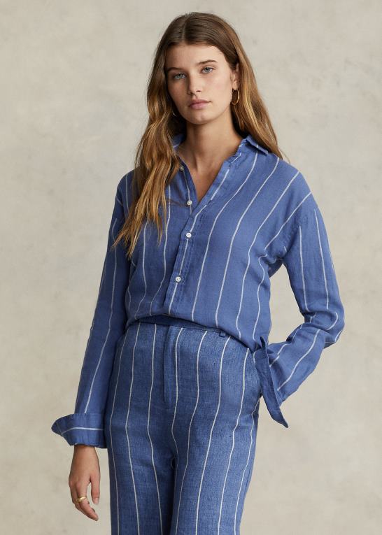 blå/hvid stribe Kvinder Ralph Lauren afslappet pasform stribet hørskjorte Z426B3049