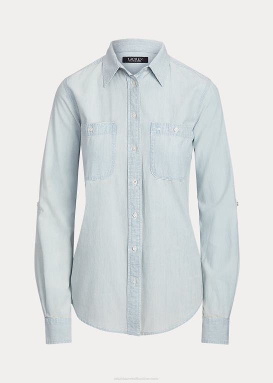 chambray vask Kvinder Ralph Lauren bomuld chambray rulle skjorte med tabsærmer Z426B4226