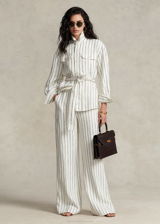 creme/brun stribe Kvinder Ralph Lauren bæltestribet linned brugsskjorte Z426B3190