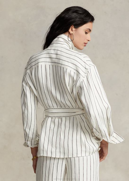 creme/brun stribe Kvinder Ralph Lauren bæltestribet linned brugsskjorte Z426B3190