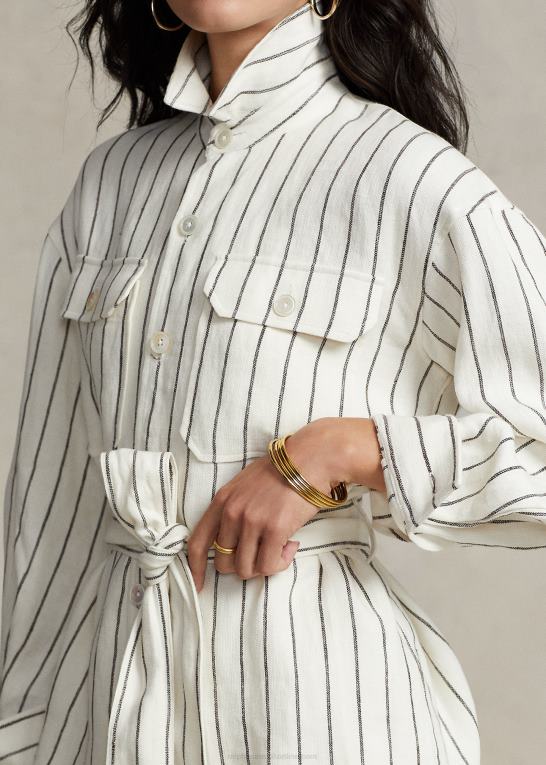 creme/brun stribe Kvinder Ralph Lauren bæltestribet linned brugsskjorte Z426B3190
