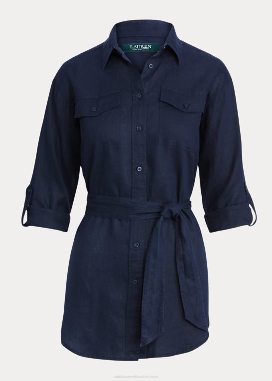 flåde Kvinder Ralph Lauren linned skjorte med bælte Z426B4424