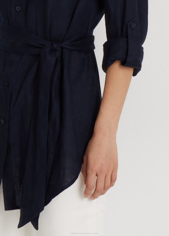 flåde Kvinder Ralph Lauren linned skjorte med bælte Z426B4424