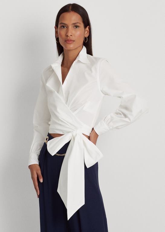 hvid Kvinder Ralph Lauren skjorte i bred stof med bindebånd foran Z426B3994