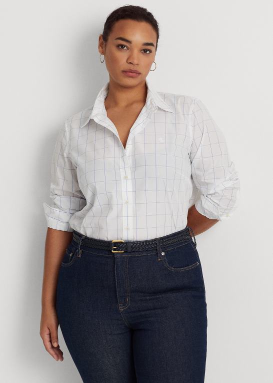 hvid/blå Kvinder Ralph Lauren rude bomuldsskjorte i bred stof Z426B4598