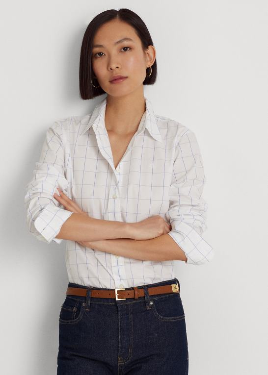 hvid/blå Kvinder Ralph Lauren rude bomuldsskjorte i bred stof Z426B9420