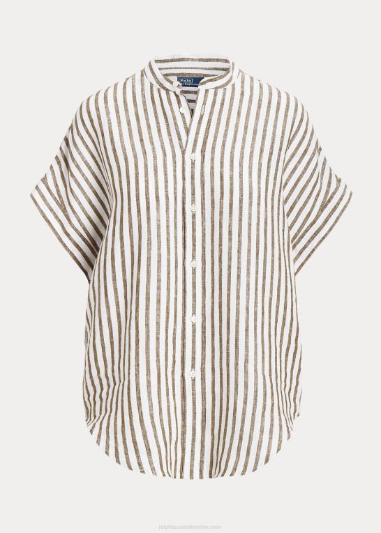 jæger brun/hvid stribe Kvinder Ralph Lauren afslappet pasform linned kortærmet skjorte Z426B2916