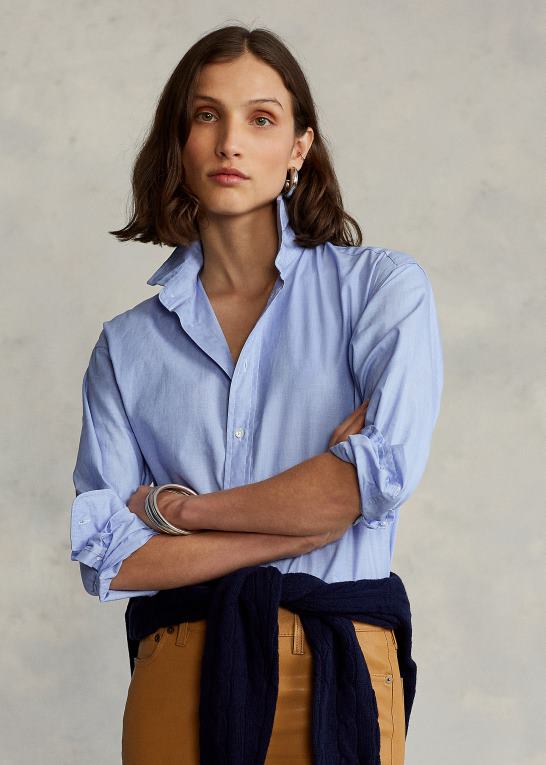 klassisk mellemblå Kvinder Ralph Lauren bomuldspoplinskjorte med lige pasform Z426B3280