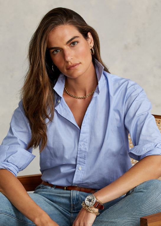 klassisk mellemblå Kvinder Ralph Lauren bomuldspoplinskjorte med lige pasform Z426B3280