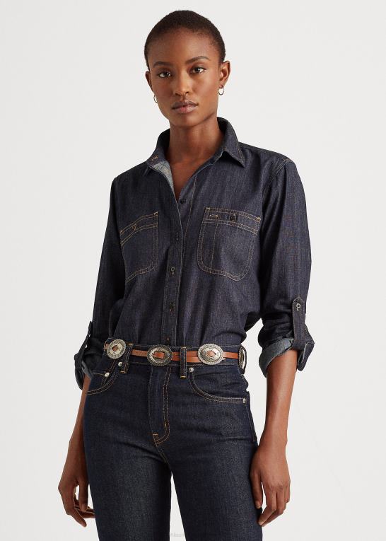mørk skyl vask Kvinder Ralph Lauren skjorte med ruller i denim Z426B4220