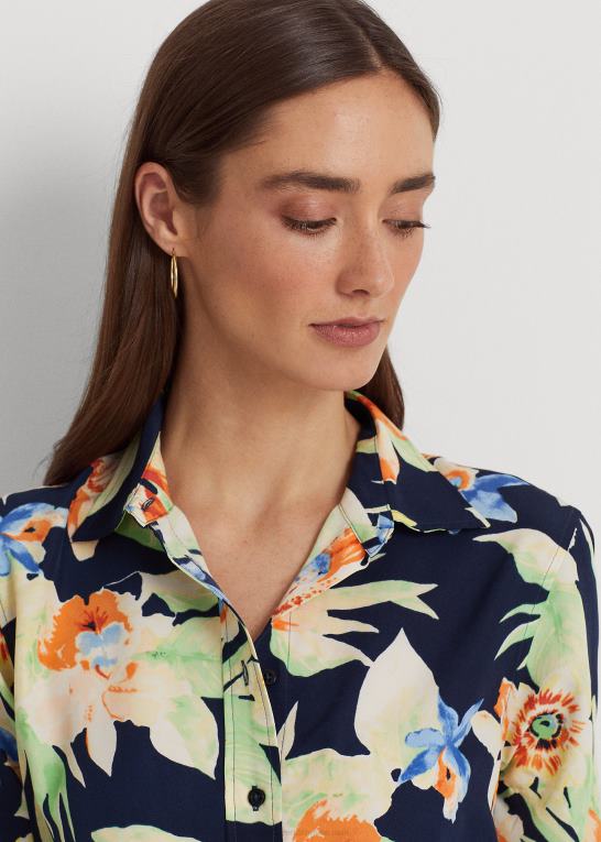 marineblå multi Kvinder Ralph Lauren blomstret crepe skjorte Z426B4863
