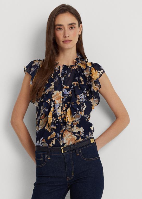 marineblå multi Kvinder Ralph Lauren blomstret georgette ærmeløs skjorte Z426B3995