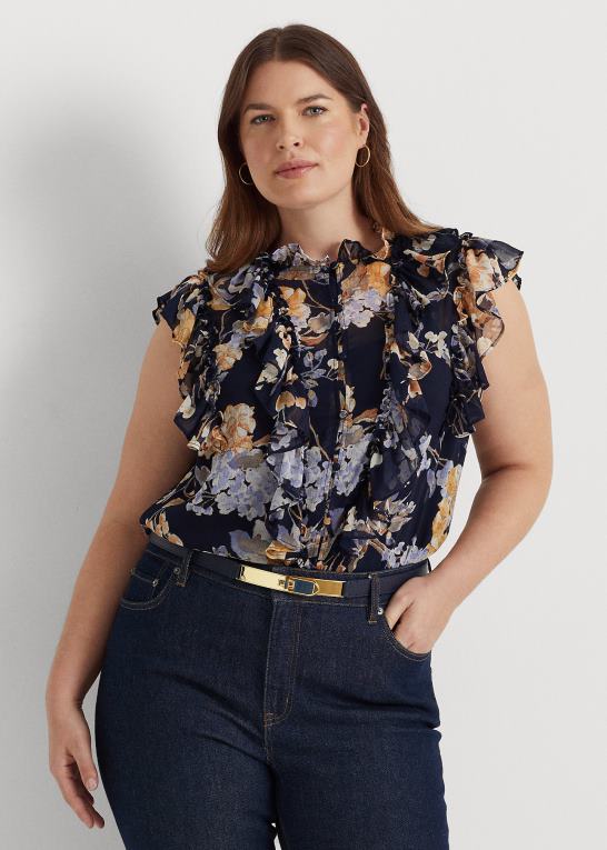 marineblå multi Kvinder Ralph Lauren blomstret georgette ærmeløs skjorte Z426B4653