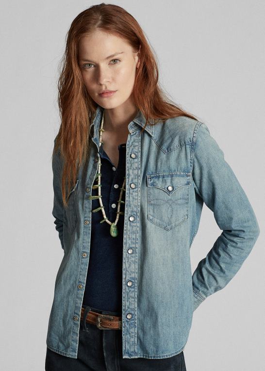 medium vask Kvinder Ralph Lauren indigo denim westernskjorte Z426B3611