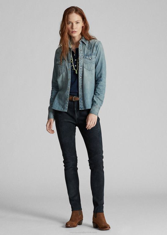 medium vask Kvinder Ralph Lauren indigo denim westernskjorte Z426B3611