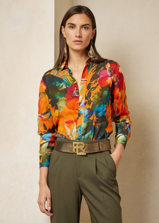 orange multi Kvinder Ralph Lauren adrien print hør voile skjorte Z426B9282