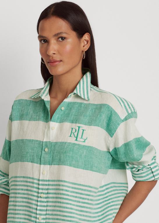 palmeblad/hvid Kvinder Ralph Lauren stribet oversize hørskjorte Z426B4359