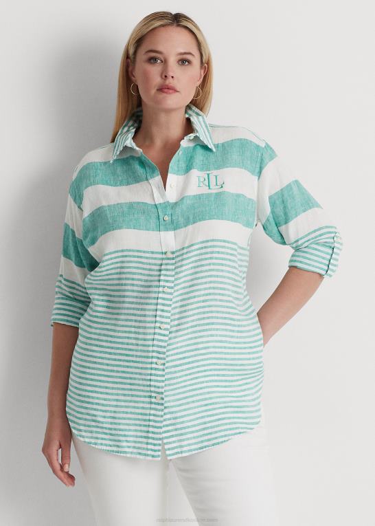 palmeblad/hvid Kvinder Ralph Lauren stribet oversize hørskjorte Z426B4548