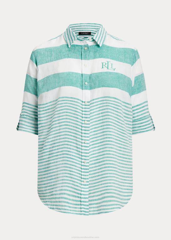 palmeblad/hvid Kvinder Ralph Lauren stribet oversize hørskjorte Z426B4548