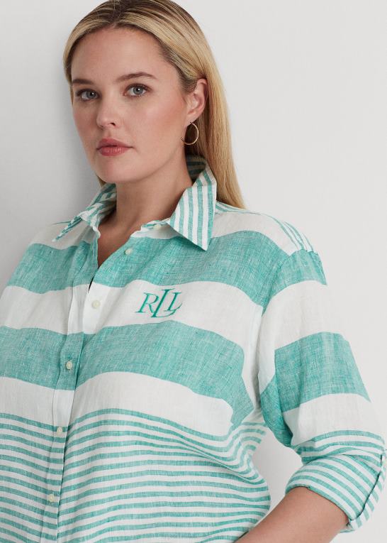 palmeblad/hvid Kvinder Ralph Lauren stribet oversize hørskjorte Z426B4548