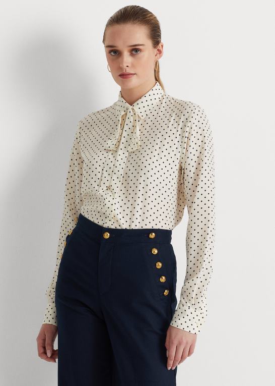 pergament creme/marine Kvinder Ralph Lauren crepeskjorte med polkaprikker med slips Z426B4063