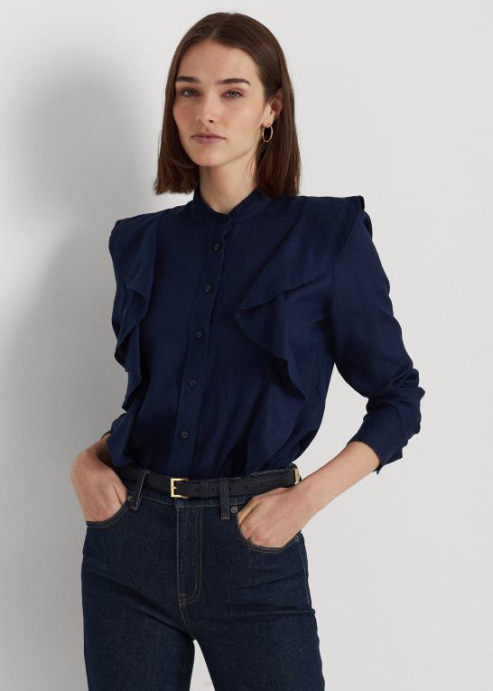 raffineret flåde Kvinder Ralph Lauren hør-skjorte med flæser Z426B4080