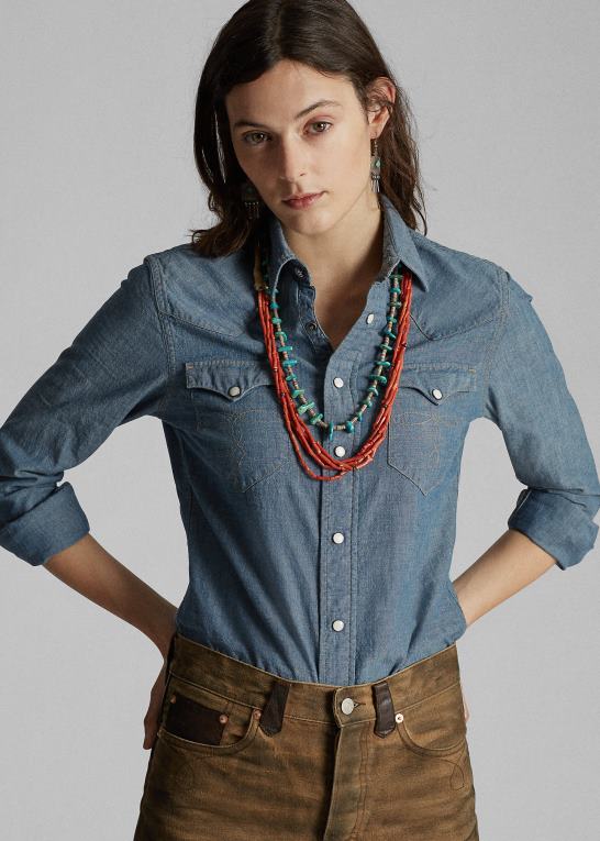 skylle Kvinder Ralph Lauren indigo chambray westernskjorte Z426B3608