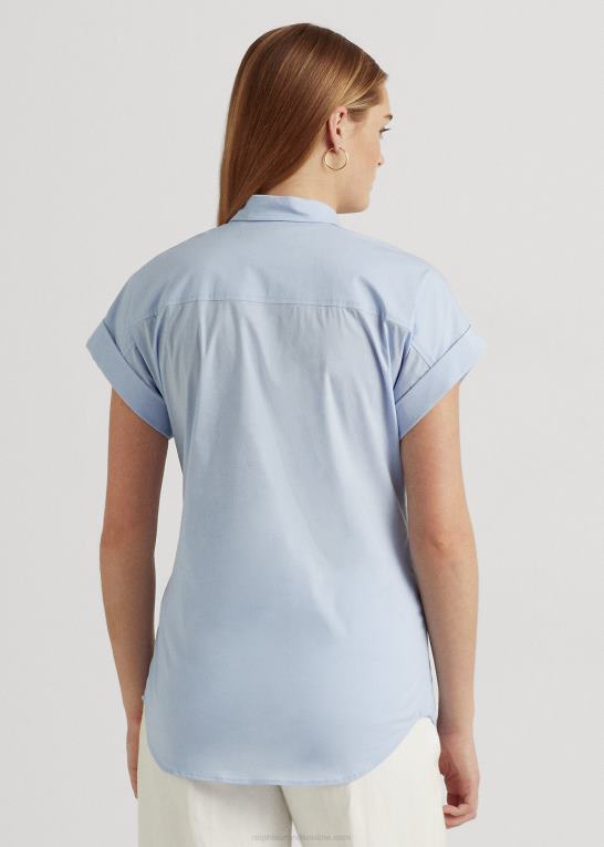 småsten blå Kvinder Ralph Lauren bomuldsskjorte med korte ærmer foran Z426B4067