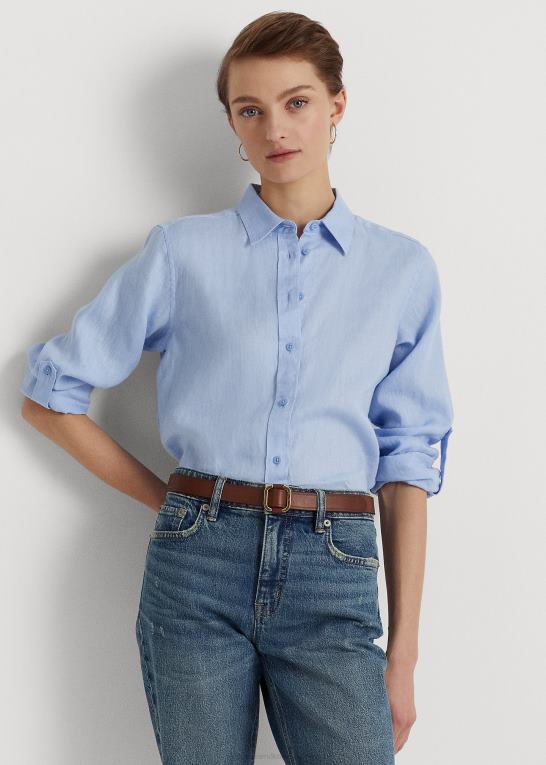 småsten blå Kvinder Ralph Lauren linned rulle skjorte med tabsærmer Z426B4051
