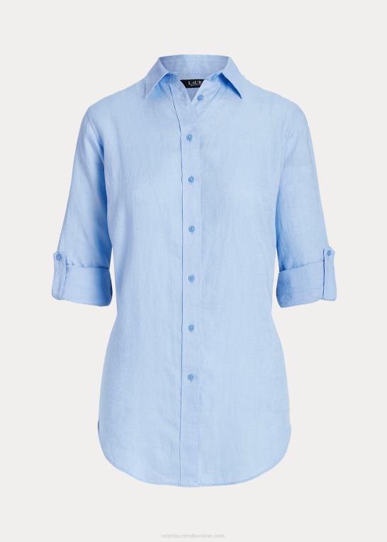 småsten blå Kvinder Ralph Lauren linned rulle skjorte med tabsærmer Z426B4051