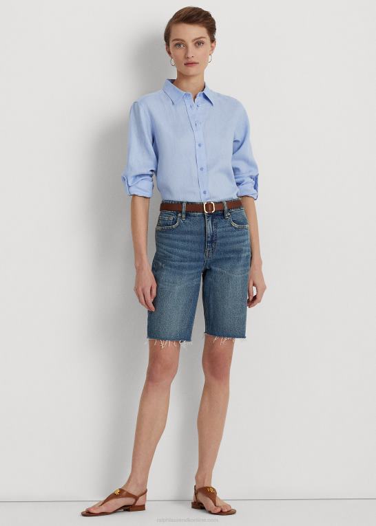 småsten blå Kvinder Ralph Lauren linned rulle skjorte med tabsærmer Z426B4051